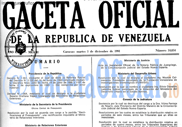 Gaceta Oficial 34854 del 3 Diciembre 1991