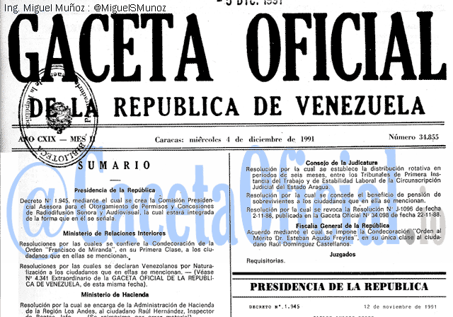 Gaceta Oficial 34855 del 4 Diciembre 1991