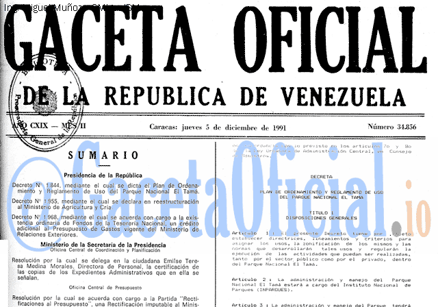 Gaceta Oficial 34856 del 5 Diciembre 1991