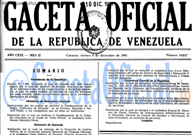 Gaceta Oficial 34857 del 6 Diciembre 1991