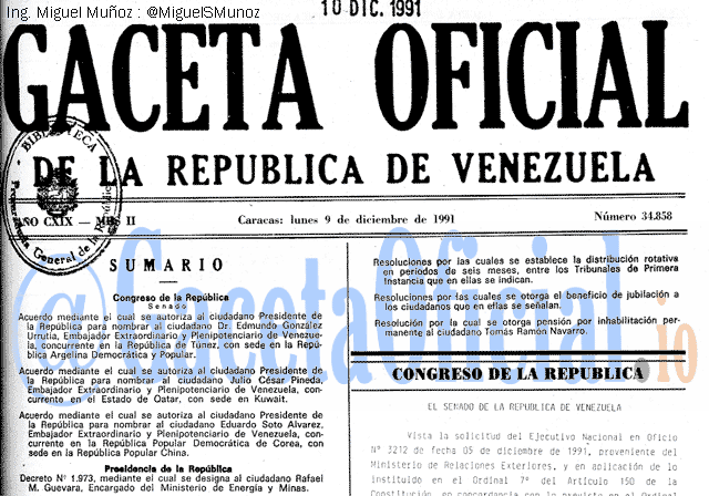 Gaceta Oficial 34858 del 9 Diciembre 1991