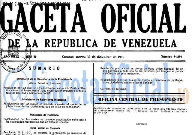 Gaceta Oficial 34859 del 10 Diciembre 1991