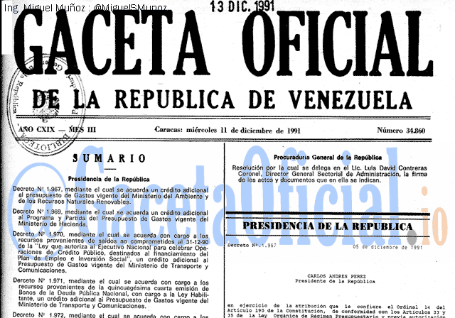 Gaceta Oficial 34860 del 11 Diciembre 1991