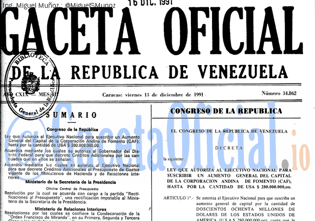Gaceta Oficial 34862 del 13 Diciembre 1991
