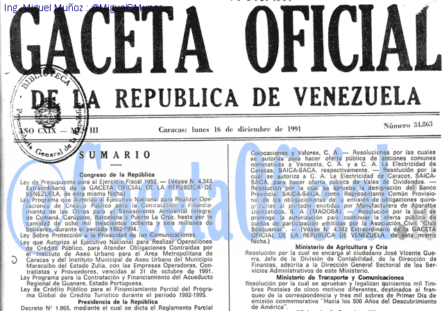 Gaceta Oficial 34863 del 16 Diciembre 1991