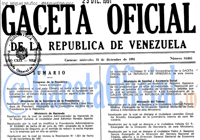 Gaceta Oficial 34865 del 18 Diciembre 1991