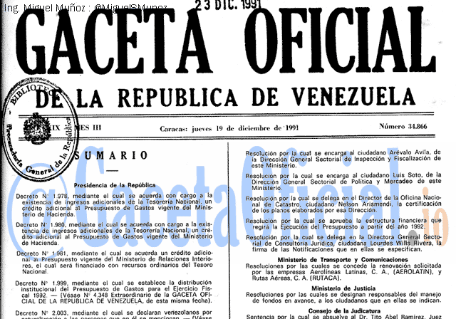 Gaceta Oficial 34866 del 19 Diciembre 1991
