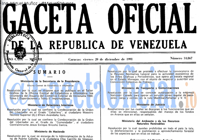 Gaceta Oficial 34867 del 20 Diciembre 1991