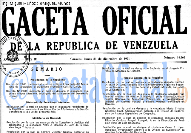 Gaceta Oficial 34868 del 23 Diciembre 1991