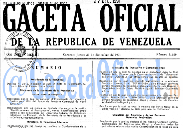 Gaceta Oficial 34869 del 26 Diciembre 1991