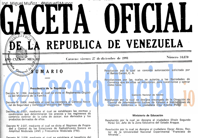 Gaceta Oficial 34870 del 27 Diciembre 1991