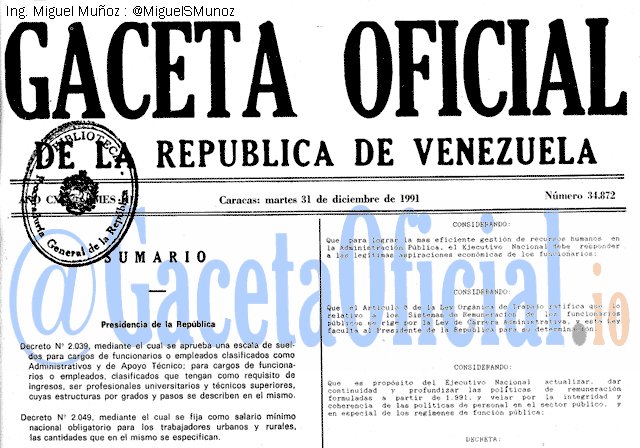 Gaceta Oficial 34872 del 31 Diciembre 1991