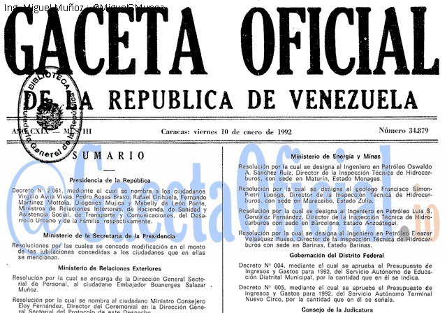 Gaceta Oficial 34879 del 10 Enero 1992