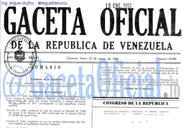 Gaceta Oficial 34880 del 13 Enero 1992