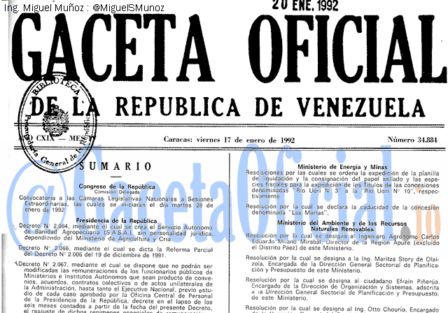 Gaceta Oficial 34884 del 17 Enero 1992
