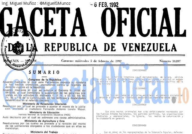 Gaceta Oficial 34897 del 5 Febrero 1992