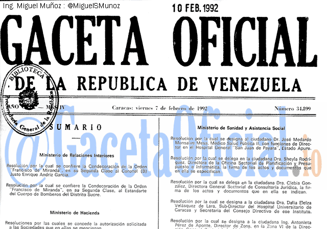 Gaceta Oficial 34899 del 7 Febrero 1992