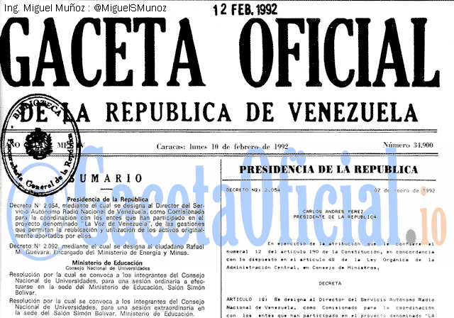 Gaceta Oficial 34900 del 10 Febrero 1992
