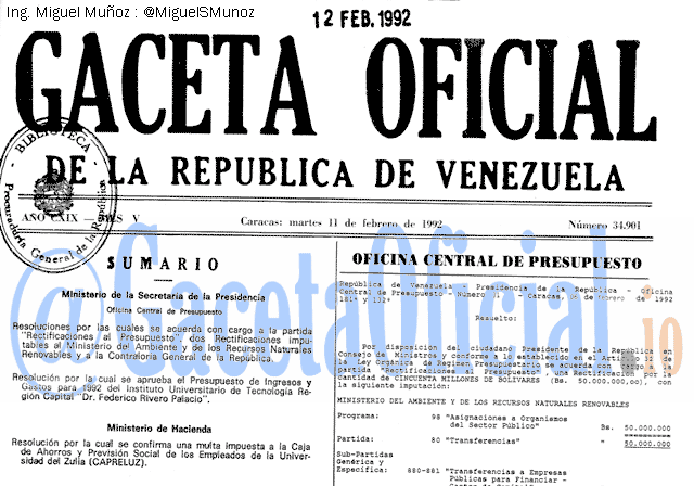 Gaceta Oficial 34901 del 11 Febrero 1992