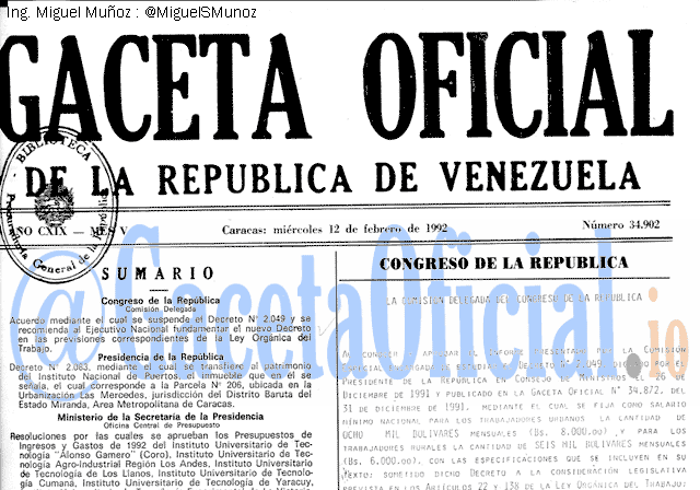 Gaceta Oficial 34902 del 12 Febrero 1992