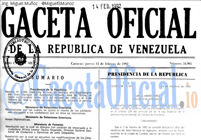 Gaceta Oficial 34903 del 13 Febrero 1992