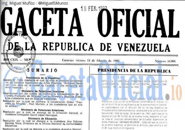 Gaceta Oficial 34904 del 14 Febrero 1992
