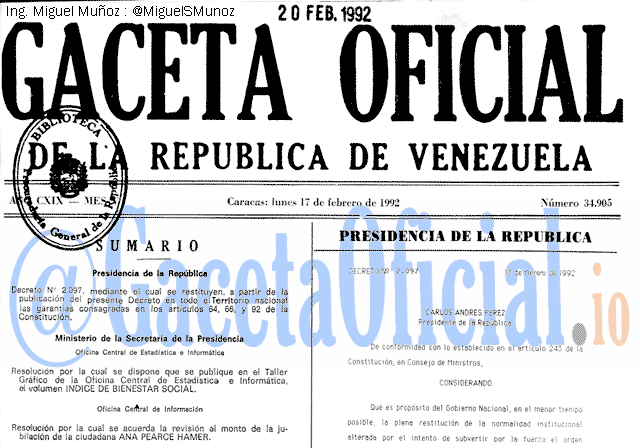Gaceta Oficial 34905 del 17 Febrero 1992