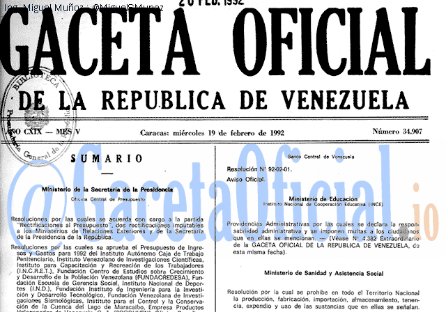Gaceta Oficial 34907 del 19 Febrero 1992