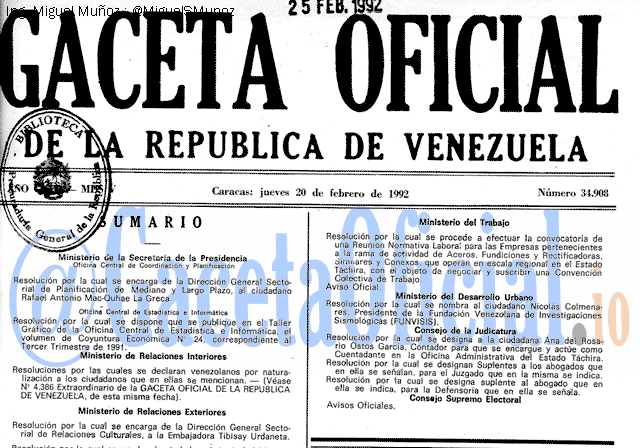 Gaceta Oficial 34908 del 20 Febrero 1992