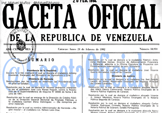 Gaceta Oficial 34910 del 24 Febrero 1992