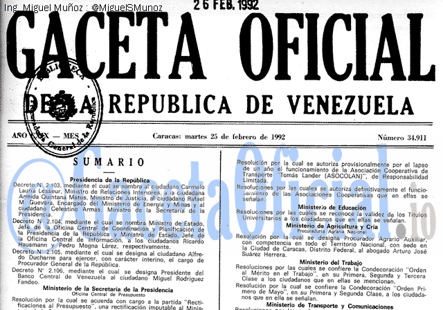 Gaceta Oficial 34911 del 25 Febrero 1992