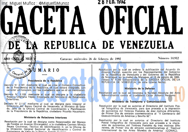 Gaceta Oficial 34912 del 26 Febrero 1992