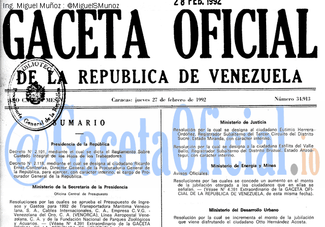 Gaceta Oficial 34913 del 27 Febrero 1992