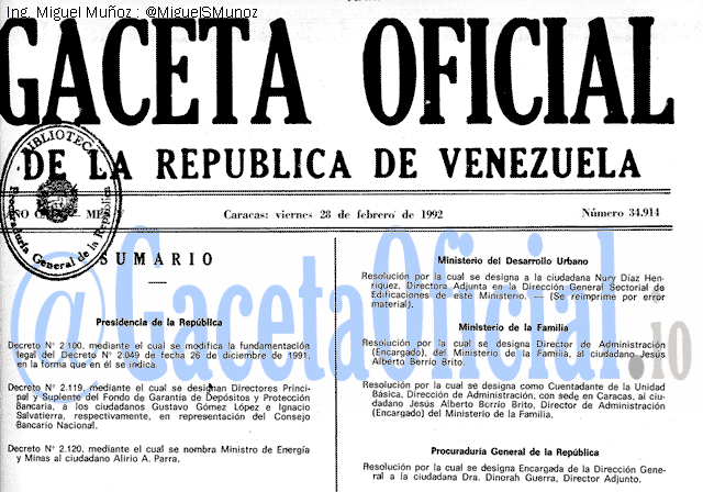 Gaceta Oficial 34914 del 28 Febrero 1992