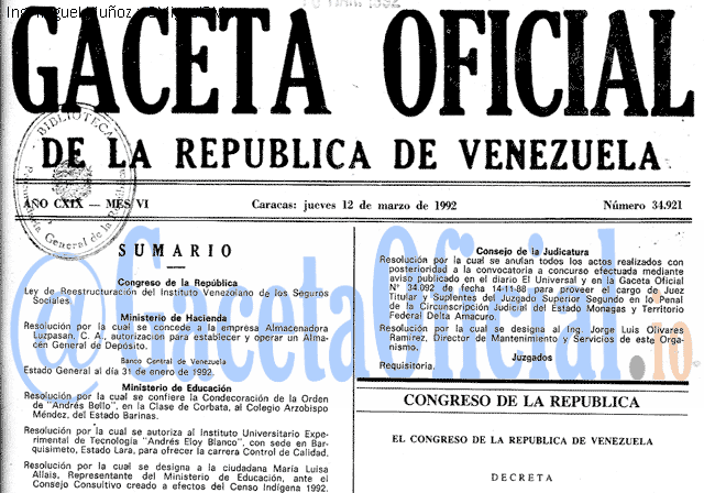 Gaceta Oficial 34921 del 12 Marzo 1992