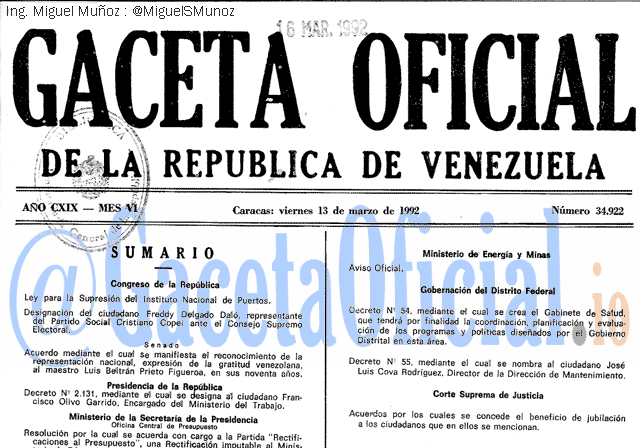 Gaceta Oficial 34922 del 13 Marzo 1992