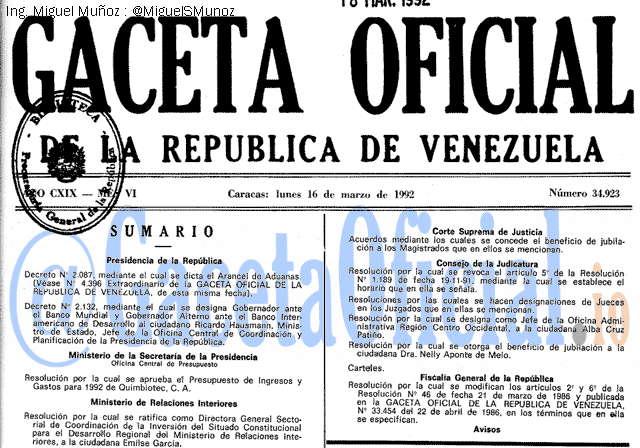 Gaceta Oficial 34923 del 16 Marzo 1992