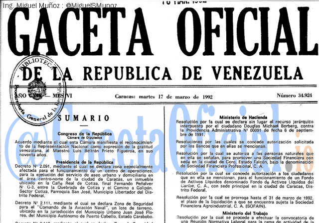 Gaceta Oficial 34924 del 17 Marzo 1992