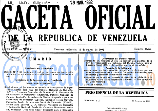 Gaceta Oficial 34925 del 18 Marzo 1992