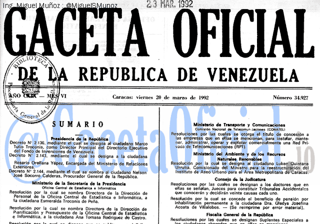 Gaceta Oficial 34927 del 20 Marzo 1992