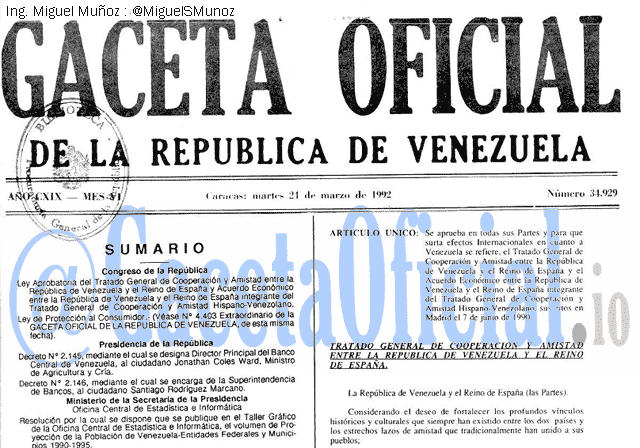 Gaceta Oficial 34929 del 24 Marzo 1992