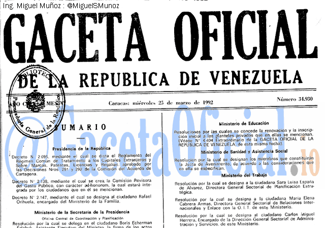 Gaceta Oficial 34930 del 25 Marzo 1992
