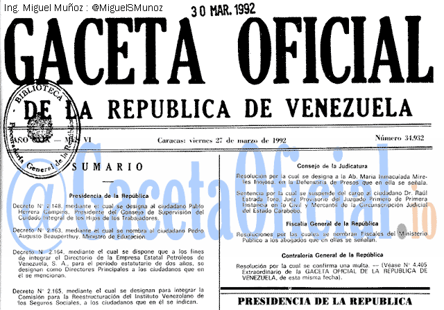 Gaceta Oficial 34932 del 27 Marzo 1992