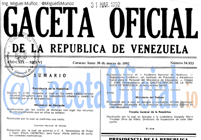 Gaceta Oficial 34933 del 30 Marzo 1992