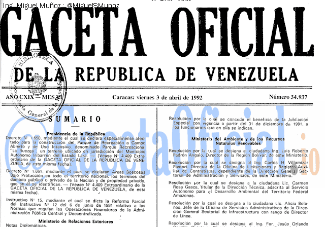 Gaceta Oficial 34937 del 3 Abril 1992