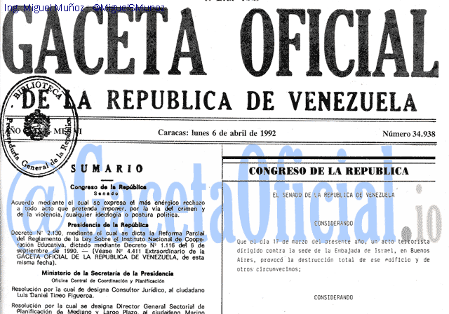 Gaceta Oficial 34938 del 6 Abril 1992