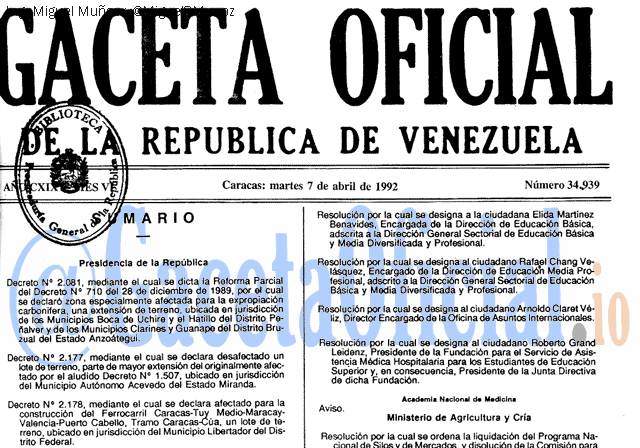 Gaceta Oficial 34939 del 7 Abril 1992