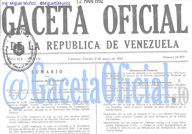 Gaceta Oficial 34959 del 8 Mayo 1992