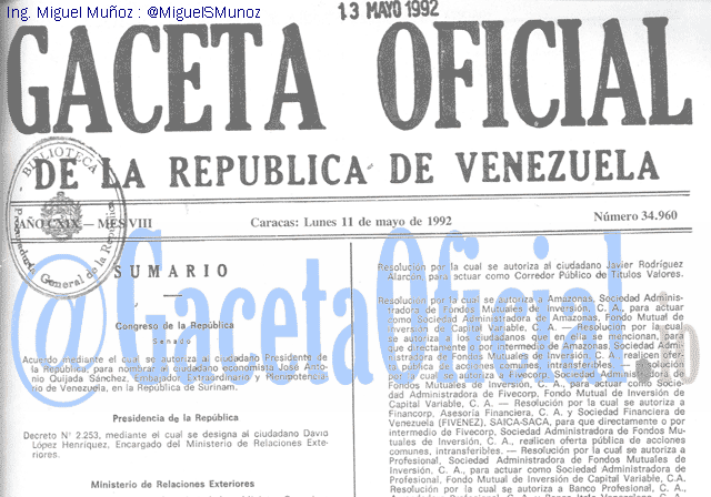 Gaceta Oficial 34960 del 11 Mayo 1992