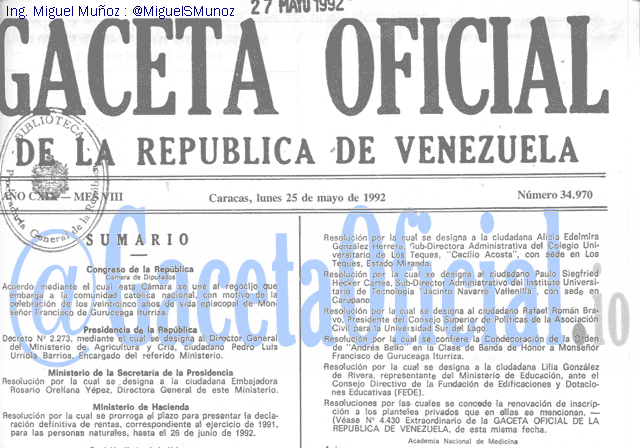 Gaceta Oficial 34970 del 25 Mayo 1992
